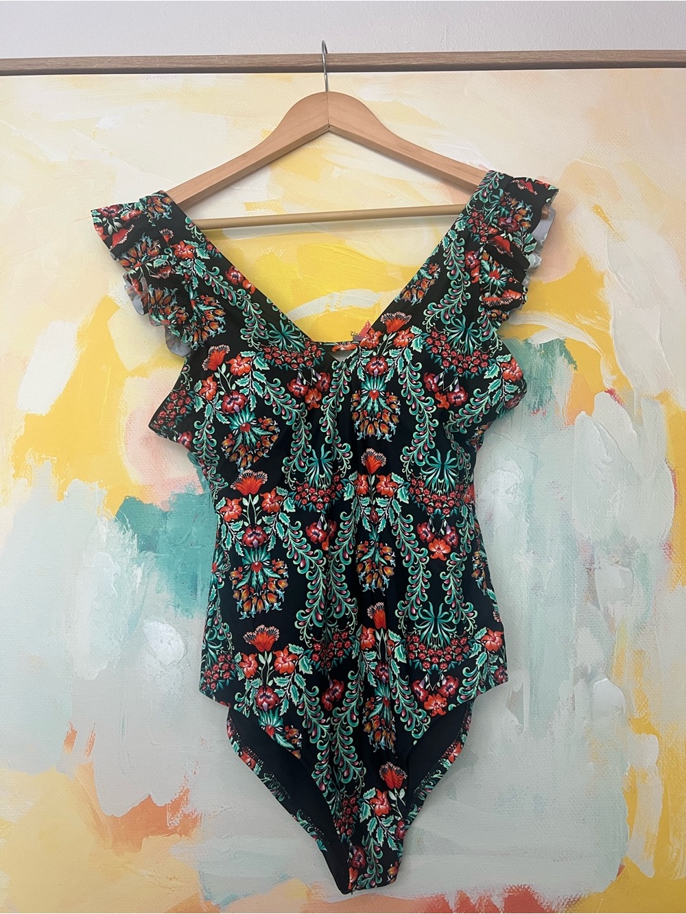 Jessica Simpson Black One-Piece with Green and Red Floral Ruffle